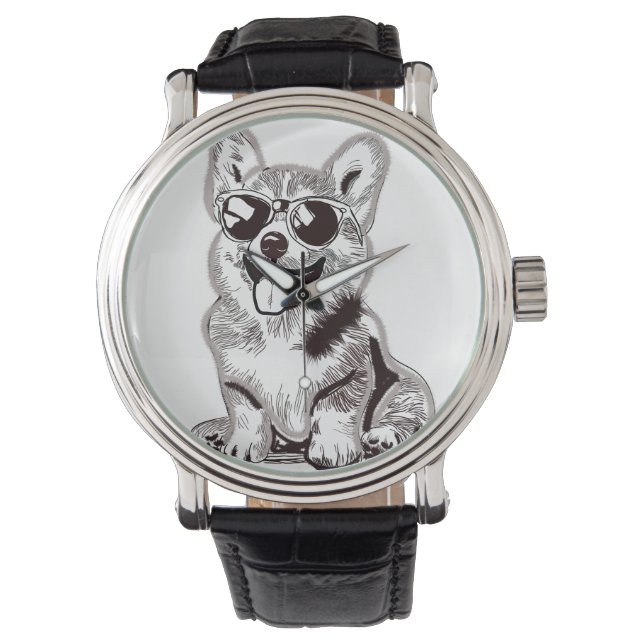 Relógio Corgi Filhote Personalizado com Óculos de Sol | Ar (Frente)