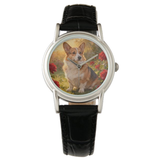 Relógio Corgi nas Rosas III (Frente)