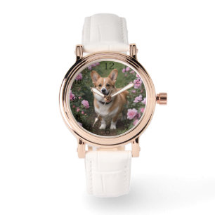 Relógio Corgi Nas Rosas Rosa,