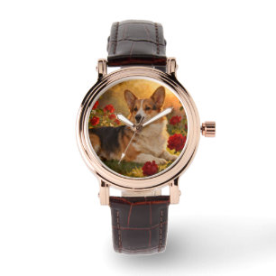 Relógio Corgi nas Rosas VI
