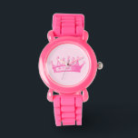 Relógio Coroa princesa magenta em fundo rosa<br><div class="desc">Nenhum jogo de vestimenta está completo sem coroa! Ajude a sua criança a lembrar-se da princesa que ela é com este impressão de coroa magenta do Vision Studio. Confira!</div>