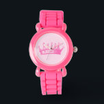 Relógio Coroa princesa magenta em fundo rosa<br><div class="desc">Nenhum jogo de vestimenta está completo sem coroa! Ajude a sua criança a lembrar-se da princesa que ela é com este impressão de coroa magenta do Vision Studio. Confira!</div>