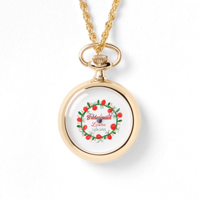 Relógio coroa verde vermelha cir adicionar nome bridesmaid (Frente)