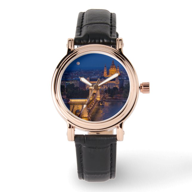 Relógio Corrente Ponte e Lua Cheia à Noite (Frente)