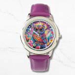 Relógio Coruja Coroa Corajosa Brilhante Floral Moon Kids G<br><div class="desc">Bonita Coruja Brilhante Brilhante Garotas Moon Girly Watches apresenta uma coruja brilhante e colorida com flores. Criado pelo Evco Studio www.zazzle.com/store/evcostudio</div>