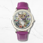 Relógio Cóta Aquarela Gato Flores Bonito Girly<br><div class="desc">Gato Bonito de Gato de Aquarela Bonito Flores Girly Watches apresenta um gato bonitinho sentado em bonito flores silvestres. Criado pelo Evco Studio www.zazzle.com/store/evcostudio</div>