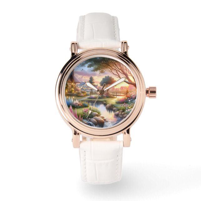 Relógio Cottage Garden Stream at Sunset (Frente)