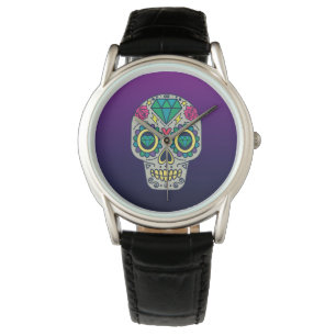 Relógio Craniano de Açúcar Colorido Roxo Ombre