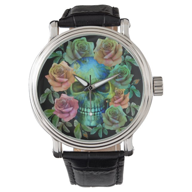 RELÓGIO CRÂNIO VERDE MORTE COM FLORES (Frente)