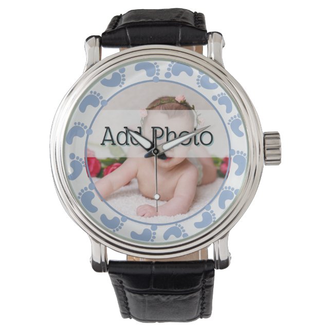 Relógio Criança fotográfica com pegadas azuis (Frente)
