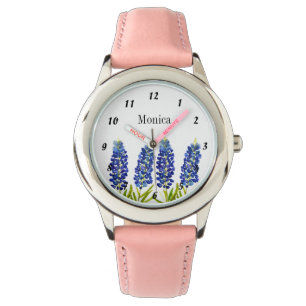 Relógio Crianças Bluebonnets Flores do Texas Nome Rosa