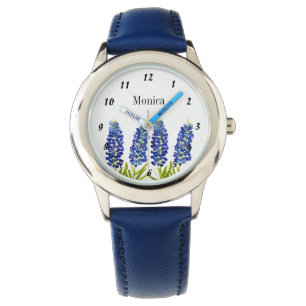 Relógio Crianças Bluebonnets Texas Flores Nome Aquarela