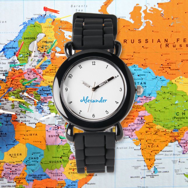 Relógio Crianças Brincadeiras Moderno Negra Nome Personali (Kids Boys Fun Modern Black Custom Name Monogram Watch)