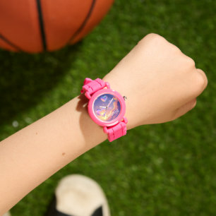 Relógio Crianças Personalizadas, Cordas Rosa com Corações 