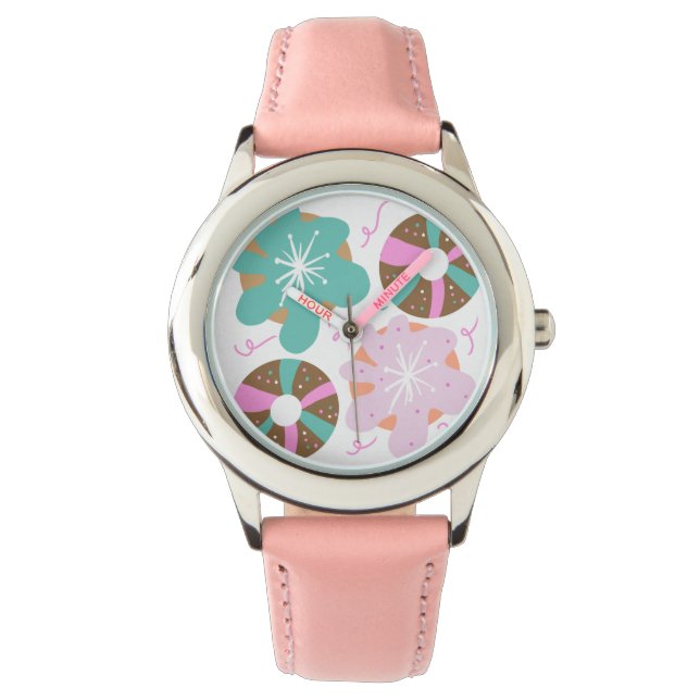 Relógio Crianças, Rosquinha de Natal, Teal Rosa (Frente)