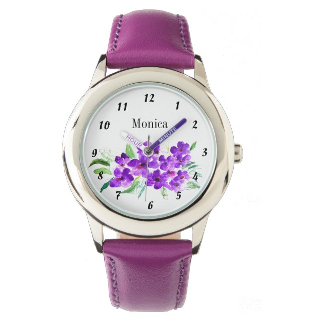 Relógio Crianças Roxo Flores Botânicas De Flor Selvagem No (Frente)