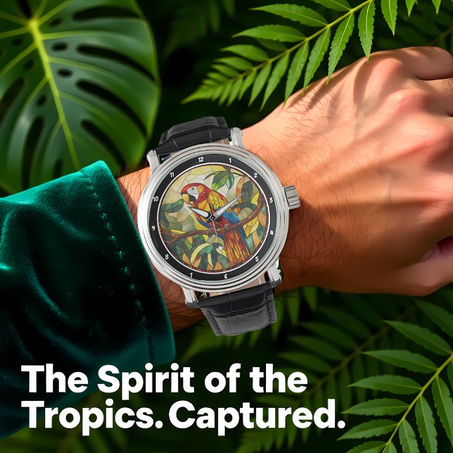 Relógio Crimson Jungle Time" - Stained Glass Red Parrot (Criador carregado)