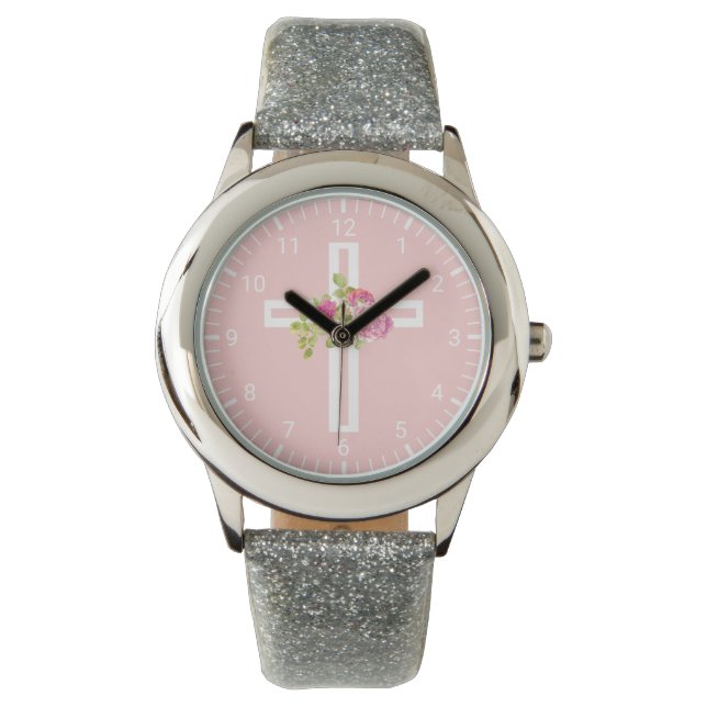 Relógio Cruz Cristã com Rosas Rosa Floral (Frente)