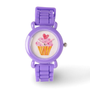 Relógio Cupcake vermelho-rosado, menina de relva