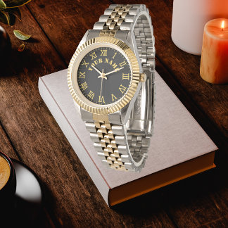 Relógio Custom Black Monogrammed Gold Silver Tone Bracelet