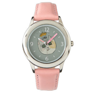 Relógio Custom Cat Name Art - Chubby White Cat with Crown