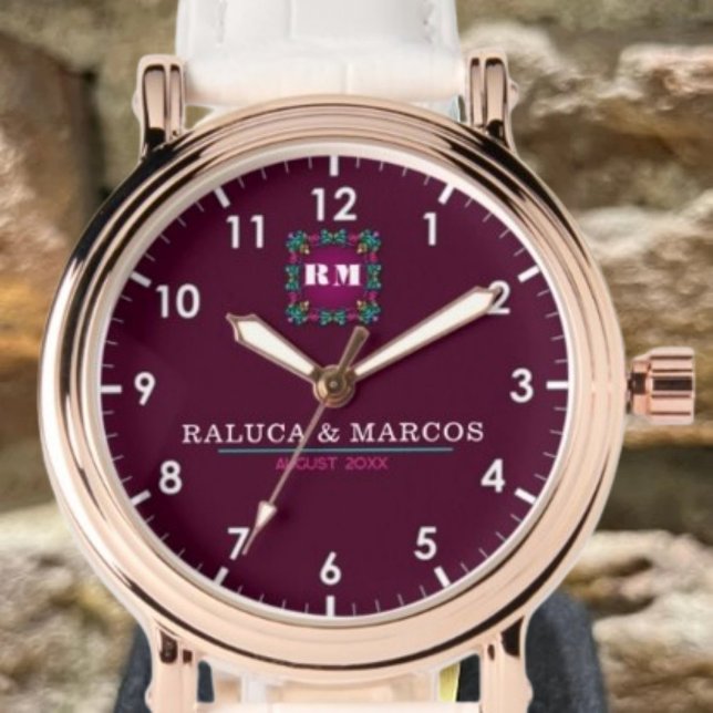 Relógio Custom floral couple names monogram  (Criador carregado)