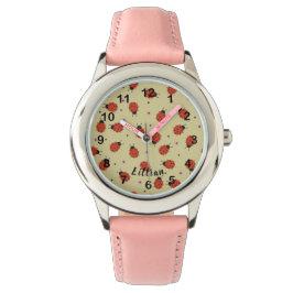Relógio Cute Ladybugs & Custom Name on Light Yellow