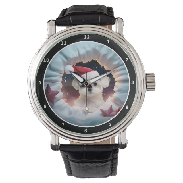 Relógio Cute Maltese Puppy Christmas Scene Image (Frente)