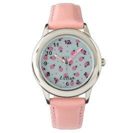 Relógio Cute Pink Ladybugs & Custom Name on Blue