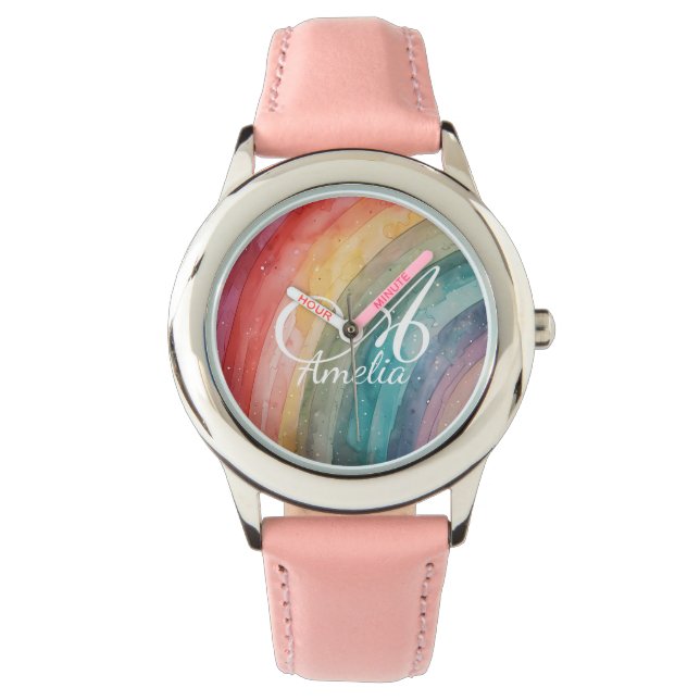 Relógio Cute Watercolor Personalized Rainbow  (Frente)
