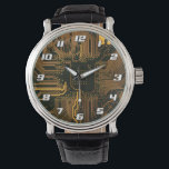 Relógio Cyber Orange PCB Circuit Board Trace Pattern Art<br><div class="desc">Infuse your gear with a high-tech aesthetic featuring this high-definition graphic of a bare Printed Circuit Board (PCB). Designed for those who appreciate the foundational architecture of digital technology, this visual focuses on the minimalist beauty of a deep orange solder mask accented by a complex network of silver conductive traces...</div>