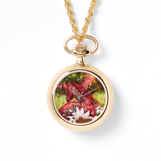 Relógio Daisy Horse Abstrato Art Red White Floral (Frente)