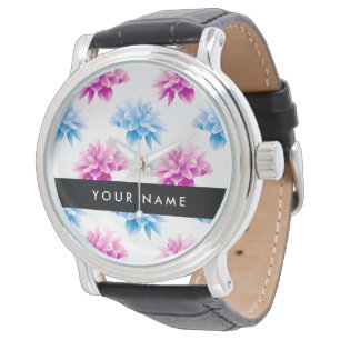 Relógio Dália Rosa e Azul, Padrão Floral, Seu Nome