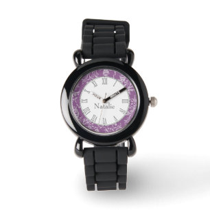 Relógio Damask wildflower impressão púrpura wrist watch