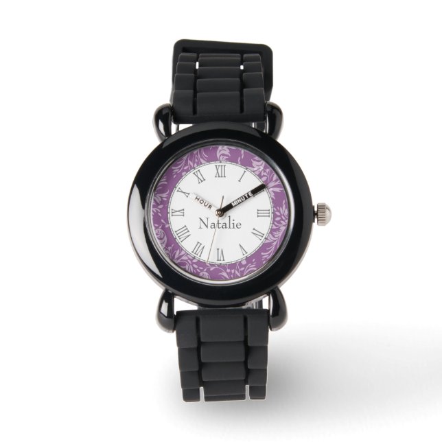 Relógio Damask wildflower impressão púrpura wrist watch (Frente)