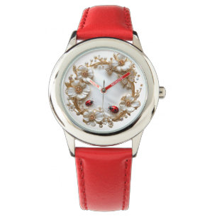 Relógio Damybugs White Pearls Enamel Flores Douradas