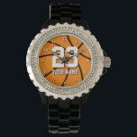 Relógio de basquetebol com número e nome personali<br><div class="desc">Relógio de basquete com número e nome personalizados. Relógios de pulso personalizados para treinadores de basquete,  fãs e jogadores. Ideia personalizável de presente de aniversário para homens e mulheres. Design desportivo com basquete laranja.</div>