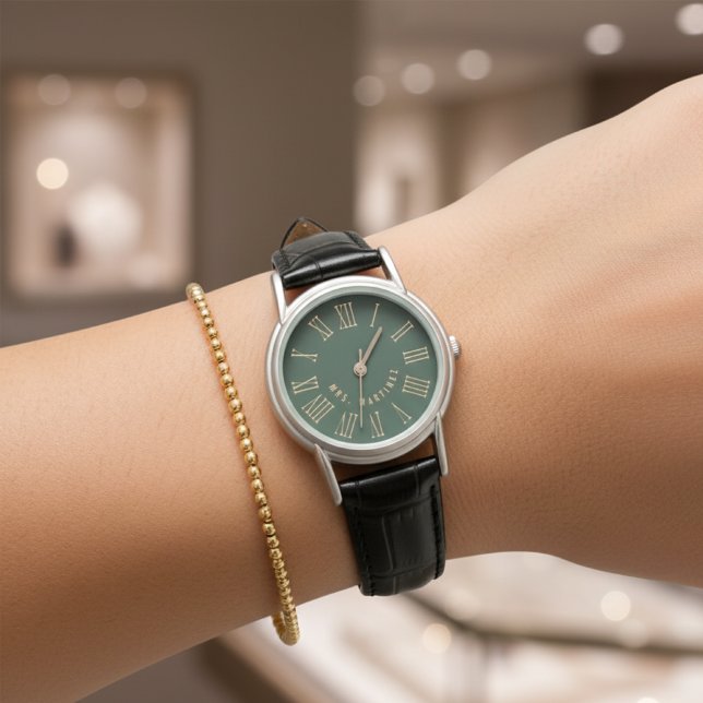 Relógio de Casamento Personalizado Verde para Casa (Custom Mr and Mrs His and Hers Wedding, Newlywed, Husband & Wife Watch Gift for Him or Her)