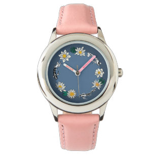 Relógio de couro rosa com peixe dourado & Daisy