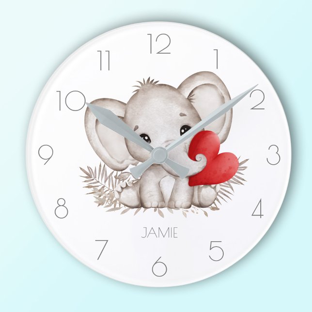 Relógio de elefante fofo com nome personalizado (Personalized name cute elephant round clock)