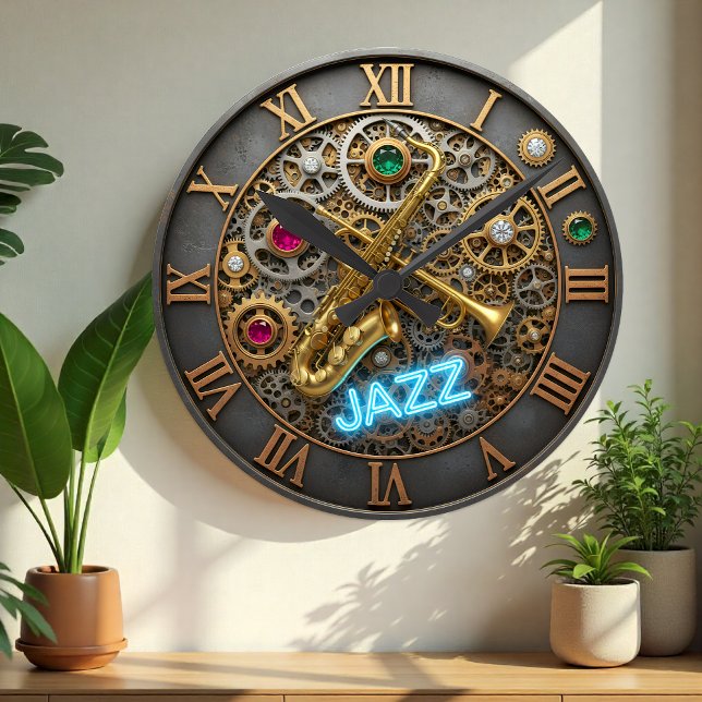 Relógio de Jazz, Luz Neon, Trompete, Saxofone (Jazz Wall Clock, Saxophone, Trumpet, Neon Light)