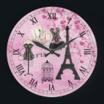 Relógio de Moda de Paris Rosa Chic<br><div class="desc">Relógio branco, romântico, cor-de-rosa-rosa, em Paris, com a Torre Eiffel, revistas francesas, belo corset rosa e preto, manequim do costureiro, antiga gaiola de pássaros e corações em um chique cor-de-rosa, com um olhar de fundo. Um presente elegante, divertido, moderno e glamouroso para mulheres e adolescentes. Alguns elementos comprados da Suz...</div>