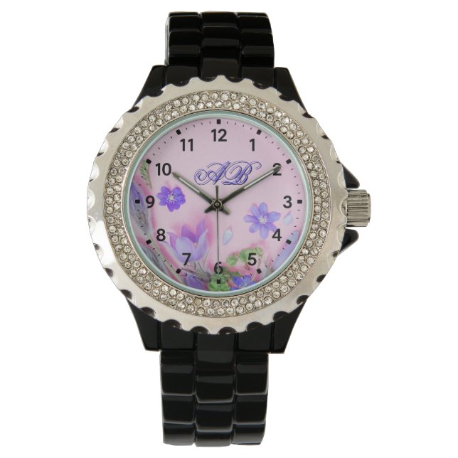 Relógio de Monograma Floral | Rhinestone Flores Si (Frente)