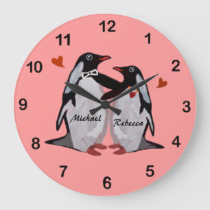 Relógio de Nome Personalizado do Casal Penguin Lov
