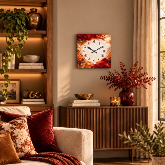 Relógio de Parede Abstrato Elegante Marrom e Doura (Sophisticated square acrylic clock with a rich maroon and gold abstract design face.
)