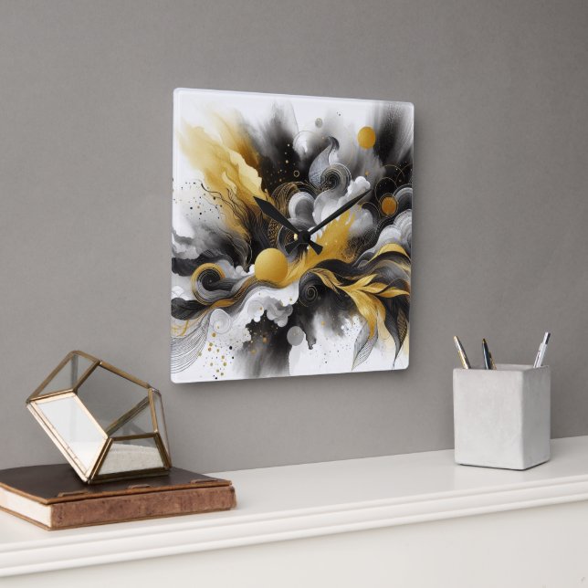 Relógio de Parede Abstrato Moderno Preto e Dourado (Escritório)