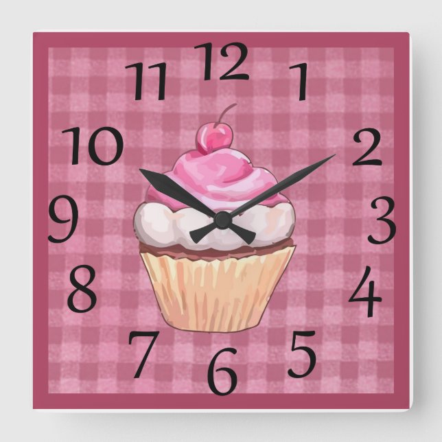Relógio de Parede Adorável Cupcake Rosa Xadrez (Frente)