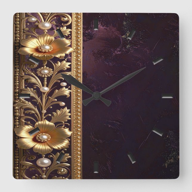 Relógio de Parede Adorno Floral Dourado (Frente)
