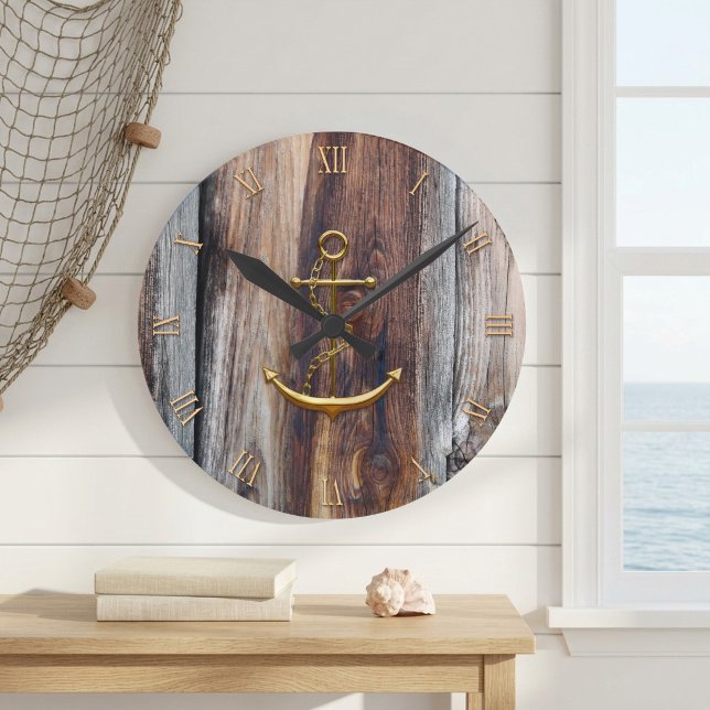 Relógio de Parede Âncora Náutica em Madeira Rustic (Nautical wall clock featuring a golden anchor and roman numbers (optional) on rustic driftwood)