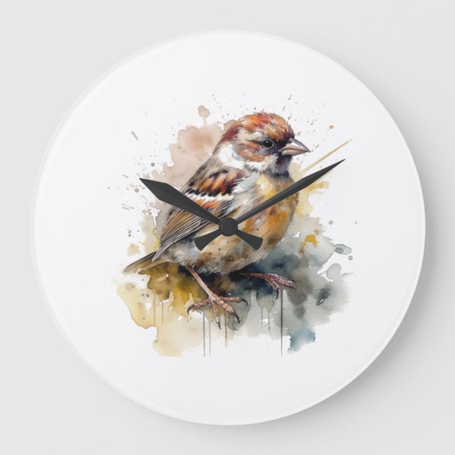 Relógio de Parede Arte de Pardal Aquarela Rústica (Frente)